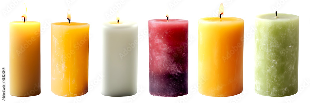 set of six colorful pillar candles isolated on transparent background, PNG