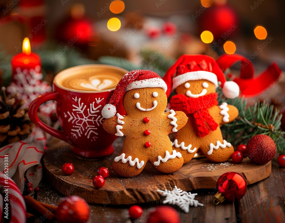 Gingerbread cookies, coffee, festive decorations table Gingerbread cookies, coffee, festive decorations table
