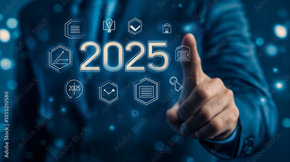 Fototapeta premium 2025 New Year Future Business Tech Company Development Innovation Creative Idea Artificial Intelligence AI Digital Computer Technology - Data Online Security, A Man Touching The Graphic Icon.