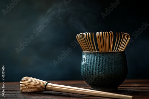 A Matcha green tea cup with green color next to a bamboo whisk