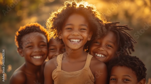 A group of African children stand in a warm embrace in a grassy field, their faces full of smiles and laughter, showing their happiness and natural connection.