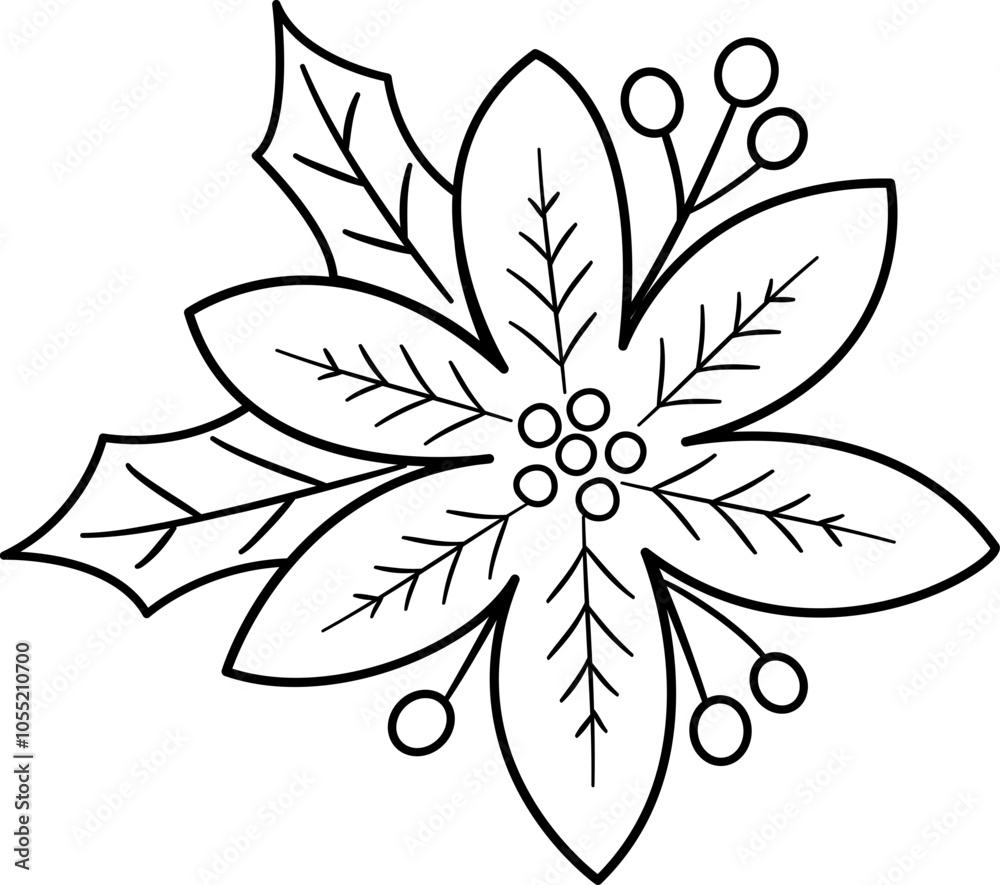 Fototapeta premium Poinsettia flower Christmas decoration outline isolated. Christmas Poinsettia Flower coloring drawing vector.