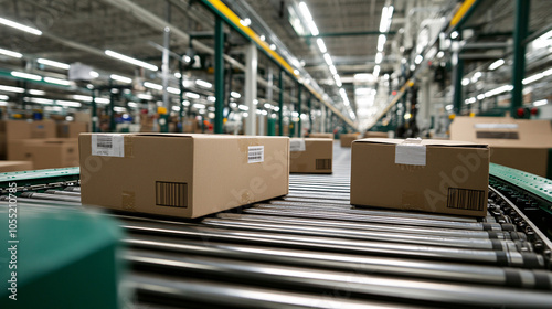 Packed courier on production line against cardboard boxes in warehouse 