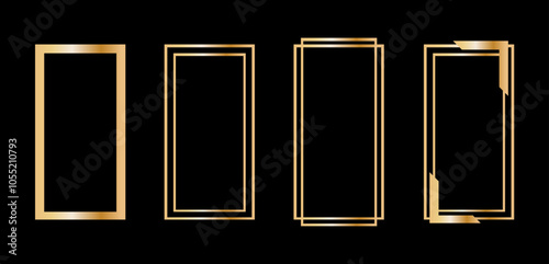 Set of four gradient gold frames, vertical, luxury and exotic gold border line on black background.