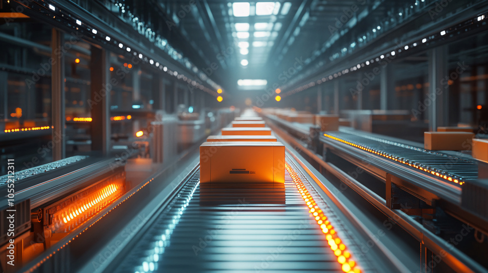 Packed courier on production line against cardboard boxes in warehouse
Packed courier on production line against cardboard boxes in warehouse