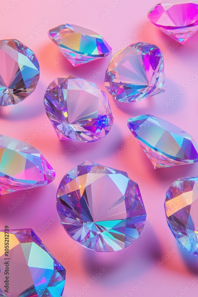 Fototapeta premium Large, shimmering, diamond-shaped gems are scattered on a vibrant pink background, creating a luxurious and glamorous visual