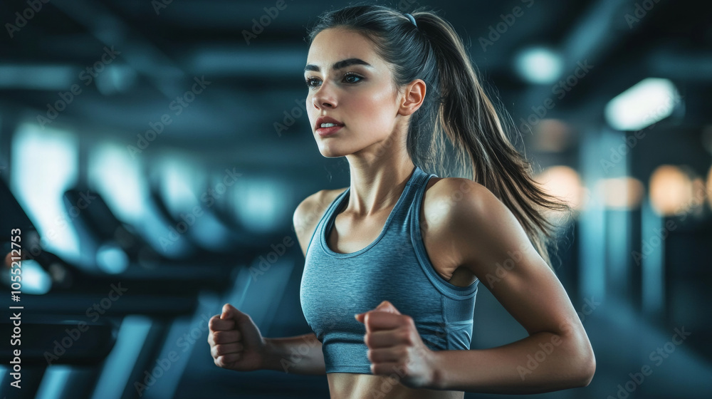 Fototapeta premium Athletic muscle young woman in sportswear running and exercising on treadmill in gym. Positive healthy lifestyle and sports side view