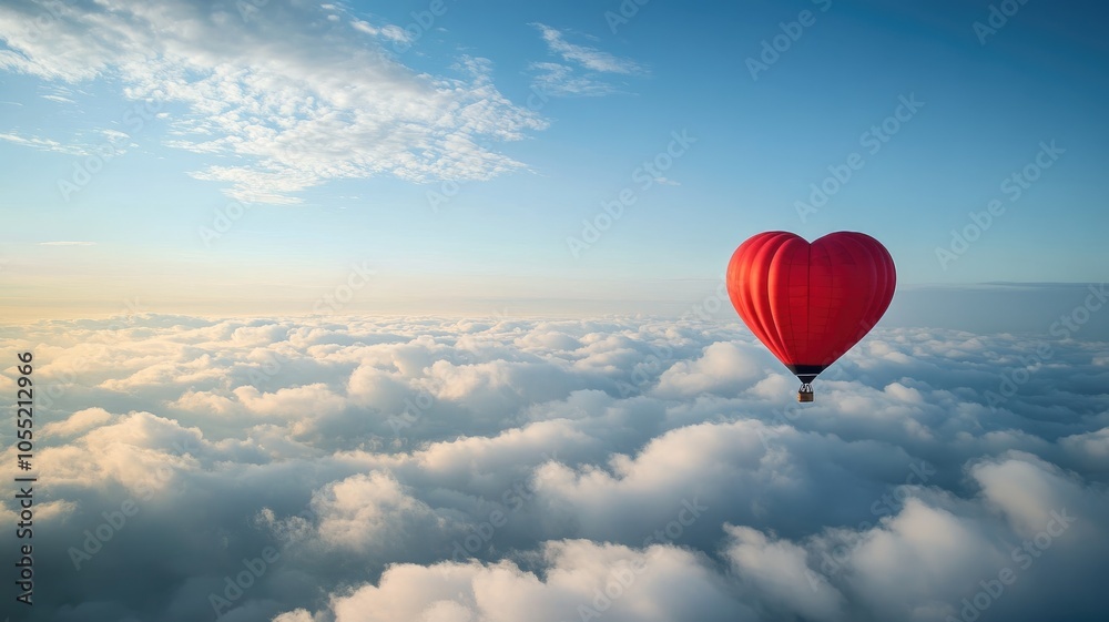 Heart-shaped hot air balloon floating above clouds Heart-shaped hot air balloon floating above clouds