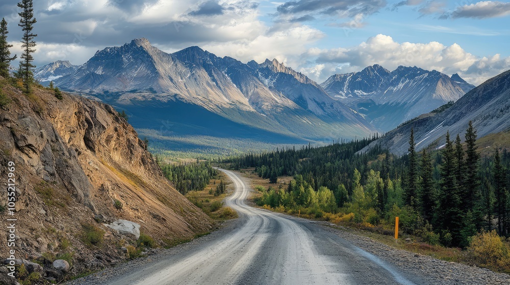 A single-lane mountain road winding through rugged terrain, with nothing but rocky cliffs and distant peaks A single-lane mountain road winding through rugged terrain, with nothing but rocky cliffs and distant peaks