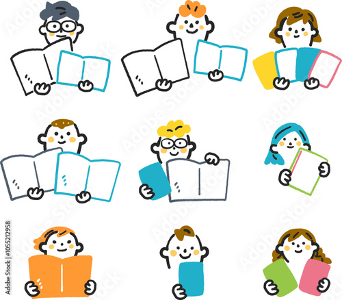 教科書や本、ノートを掲げる小学生たち　セットのストックイラスト素材
