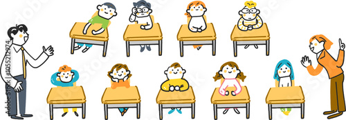 机に座る小学生たちと熱心に説明する先生たち　セットのストックイラスト素材
