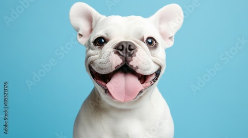 A white French Bulldog with its tongue out and big ears, looking directly at the camera with a playful smile against a light blue background.