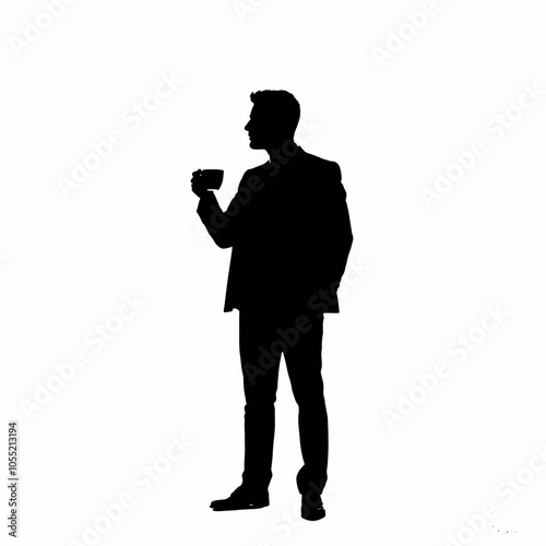 A businessman silhouette standing and drinking coffee, with one hand holding a coffee cup near his mouth