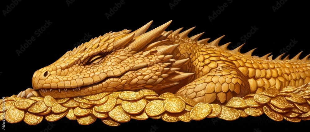Ancient dragon asleep in a cave filled with gold, scales glittering in ...
