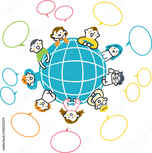 地球を囲んで会話する小学生たち　ストックイラスト素材
