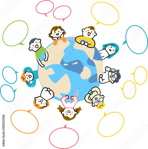 地球を囲んで会話する小学生たち　ストックイラスト素材
