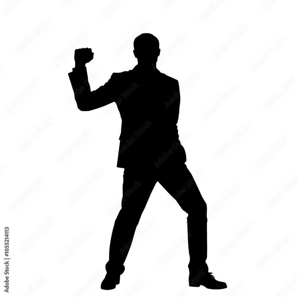 A businessman silhouette standing with a raised fist, giving a motivational gesture A businessman silhouette standing with a raised fist, giving a motivational gesture