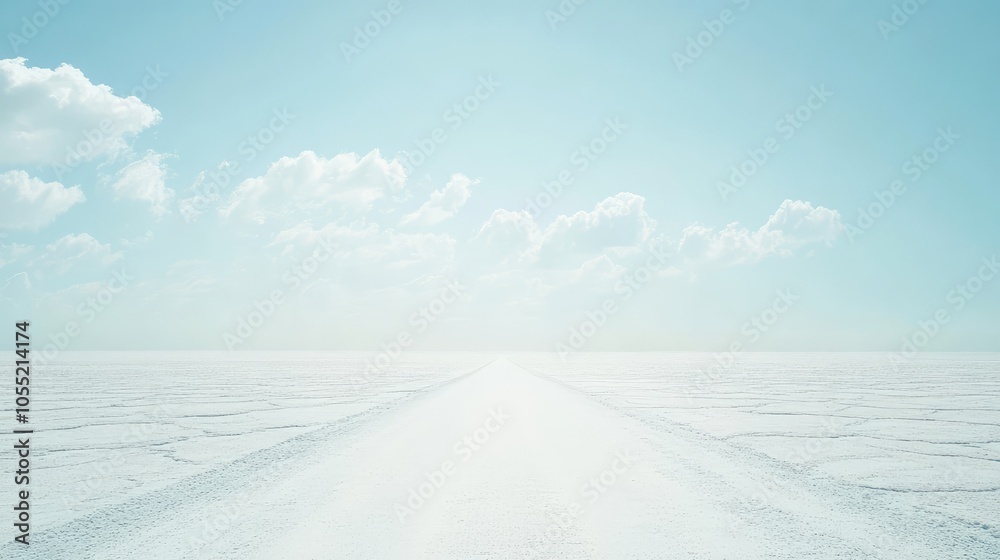 A straight, endless road across a dry salt flat, with the heat causing a mirage effect that makes the road seem to float above the surface A straight, endless road across a dry salt flat, with the heat causing a mirage effect that makes the road seem to float above the surface
