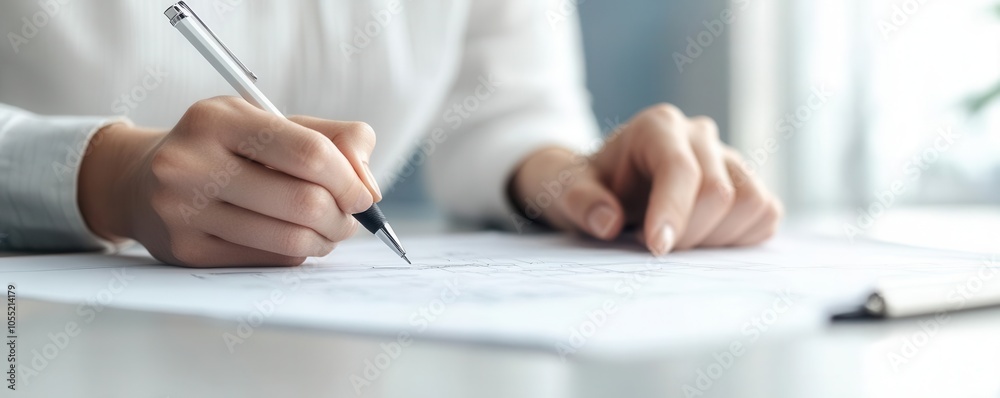 Hands sketching notes on detailed business blueprint, soft office lighting, ultra-clear texture Hands sketching notes on detailed business blueprint, soft office lighting, ultra-clear texture