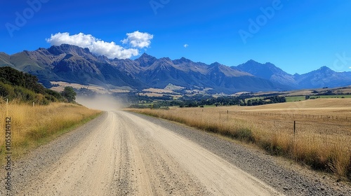 A straight dirt road with a dust cloud rising in the distance, framed by rugged mountains under a deep blue sky