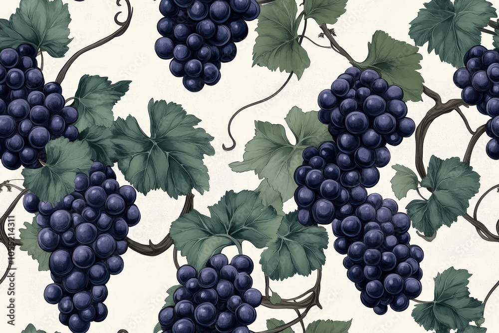 Seamless pattern depicting ripe purple grapes hanging on the vine with lush green leaves, creating an elegant and natural design Seamless pattern depicting ripe purple grapes hanging on the vine with lush green leaves, creating an elegant and natural design