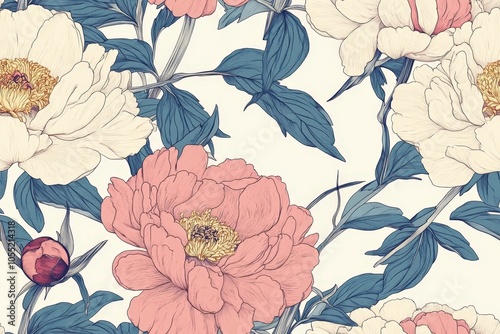 Fototapeta Naklejka Na Ścianę i Meble -  Seamless floral pattern showing pink and white peonies, creating a vintage botanical illustration