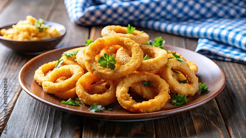 Crispy golden onion rings on a plate, appetizer, fried, snack, delicious, fast food, side dish, crunchy Crispy golden onion rings on a plate, appetizer, fried, snack, delicious, fast food, side dish, crunchy