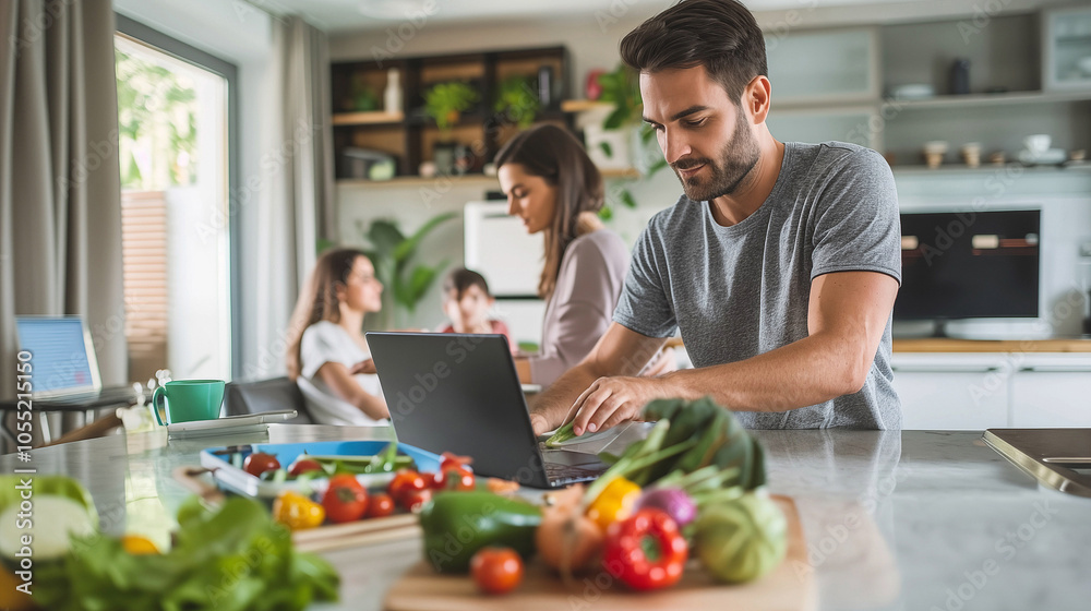 Connected modern family of four at home, man cooking while looking at the recipe on his laptop, Dad cutting vegetables preparing healthy food in the kitchen. Connected modern family of four at home, man cooking while looking at the recipe on his laptop, Dad cutting vegetables preparing healthy food in the kitchen.