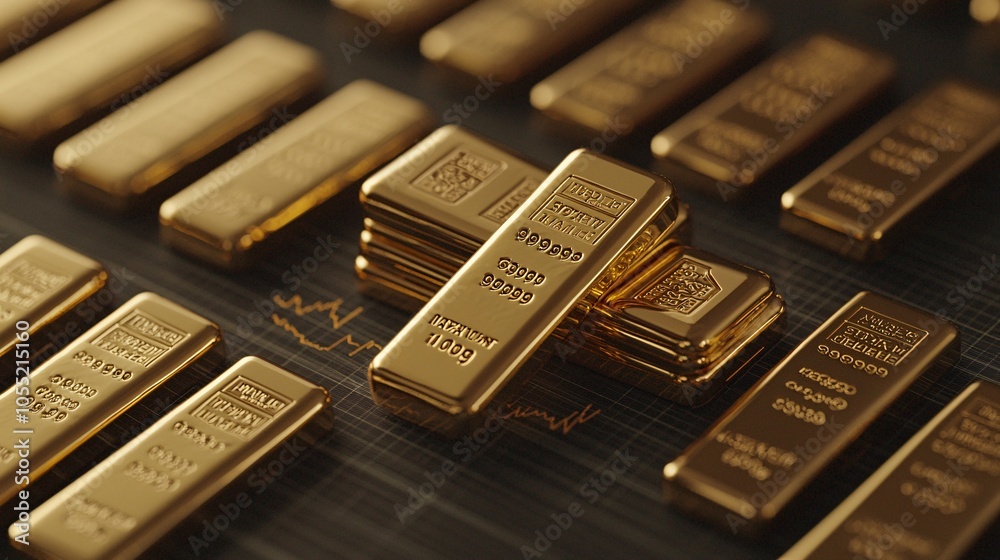 Gold bars positioned on top of stock market graphs, highlighting gold's role in financial portfolios, with copy space on the sides. Gold bars positioned on top of stock market graphs, highlighting gold's role in financial portfolios, with copy space on the sides.