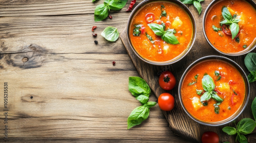 Fresh Curry Dishes with Basil and Chili on Wooden Table Fresh Curry Dishes with Basil and Chili on Wooden Table