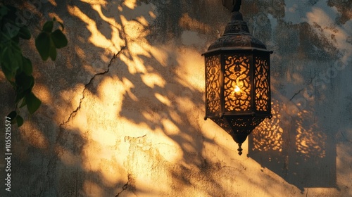 A lantern casting intricate shadows on a wall during Ramadan photo