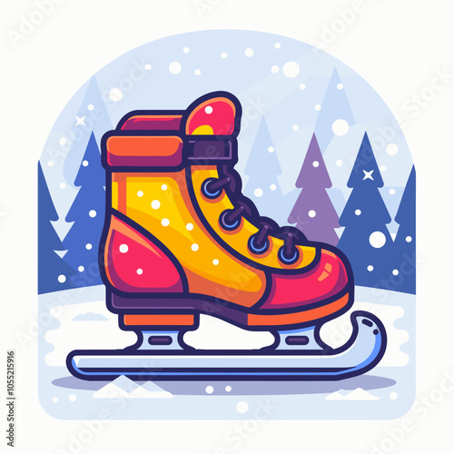 A cartoonish drawing of a pair of skates with a red and yellow boot. The skates are on a sheet of ice, and there are trees in the background