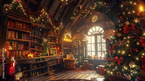 The magical Christmas workshop, Cozy christmas scene with decorations, a warming fireplace and a christmas tree, Happy christmas, full of seasons greetings