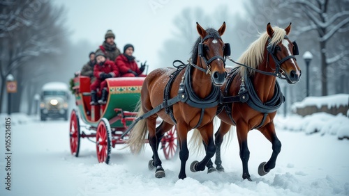 Festive carriage drawn by three horses travels through a snowy landscape, adorned with garlands and warm lights, evoking a classic winter tale. photo