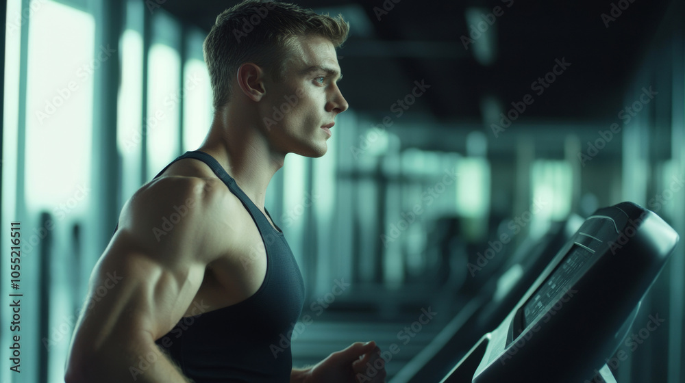 Athletic muscle handsome young man in black tank top sportswear running and exercising on treadmill in modern gym with concentration sharp look. Positive healthy lifestyle and sports side view Athletic muscle handsome young man in black tank top sportswear running and exercising on treadmill in modern gym with concentration sharp look. Positive healthy lifestyle and sports side view