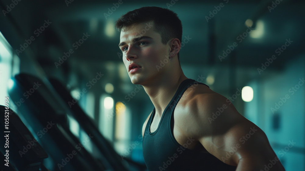 Athletic muscle handsome young man in black tank top sportswear running and exercising on treadmill in modern gym with concentration sharp look. Positive healthy lifestyle and sports Athletic muscle handsome young man in black tank top sportswear running and exercising on treadmill in modern gym with concentration sharp look. Positive healthy lifestyle and sports