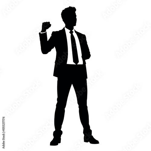 A businessman silhouette standing with a raised fist, giving a motivational gesture