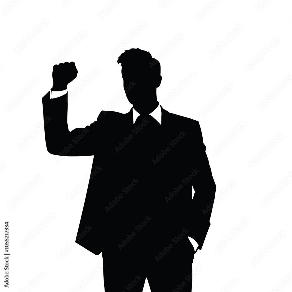 A businessman silhouette standing with a raised fist, giving a motivational gesture A businessman silhouette standing with a raised fist, giving a motivational gesture