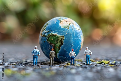 Miniature People Observing the Earth Globe in Detail photo