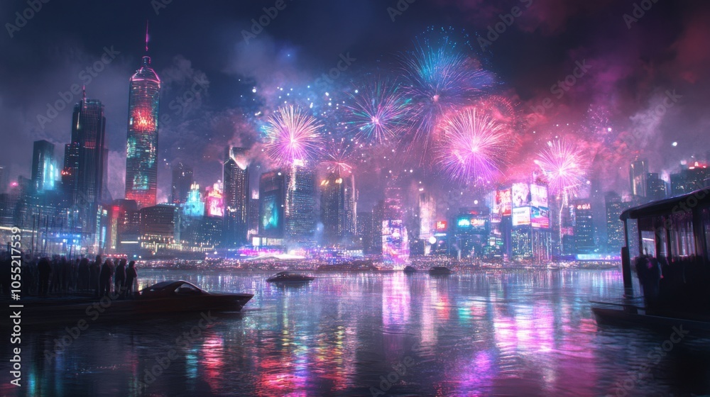 Fototapeta premium A New Year's Eve celebration with fireworks lighting up the night