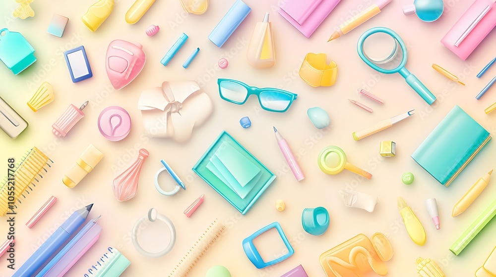 A colorful arrangement of various stationery and office supplies. A colorful arrangement of various stationery and office supplies.