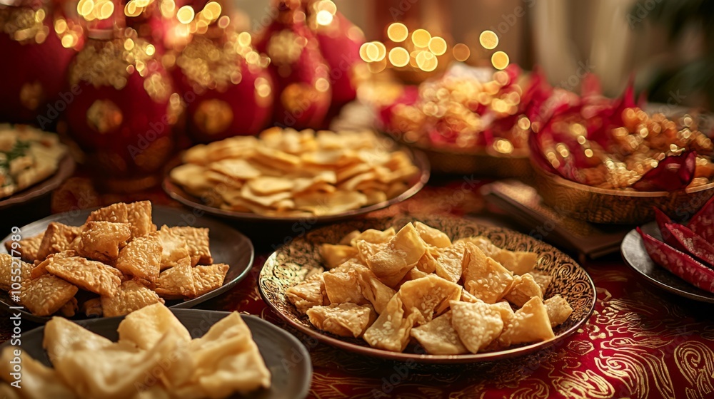 Fototapeta premium Traditional Chinese snack table with festive decorations in red and gold
