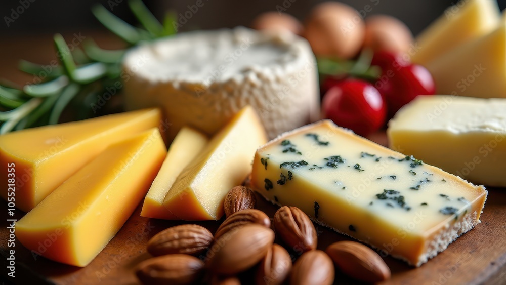 A rustic cheese board features an array of cheeses, adorned with cranberries, nuts, and rosemary sprigs, all set on a wooden platter. A rustic cheese board features an array of cheeses, adorned with cranberries, nuts, and rosemary sprigs, all set on a wooden platter.