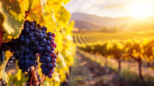Close-up of a bunch of red grapes on a vine in a vineyard at sunset.