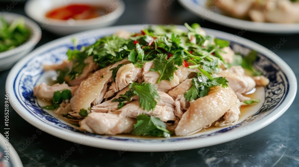 A plate of Yunnan steamed chicken with herbs, the delicate flavors A plate of Yunnan steamed chicken with herbs, the delicate flavors
