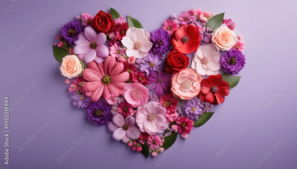 Heart Shaped Floral Composition with Lush Pink, Purple, and Red Blooms on Soft Lavender Background, Perfect for Romantic Themes, Valentine's Day, Weddings, and Spring Decor Inspiration Heart Shaped Floral Composition with Lush Pink, Purple, and Red Blooms on Soft Lavender Background, Perfect for Romantic Themes, Valentine's Day, Weddings, and Spring Decor Inspiration