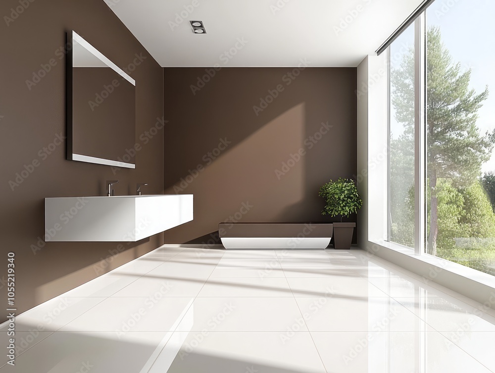Cozy bathroom with chocolate walls, a large mirror, and white tile flooring Cozy bathroom with chocolate walls, a large mirror, and white tile flooring