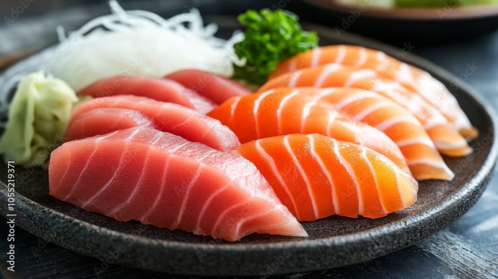 Fresh Sashimi Selection on Textured Stone Plate