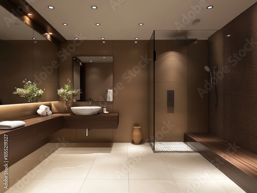 Cozy bathroom with chocolate walls, a large mirror, and white tile flooring