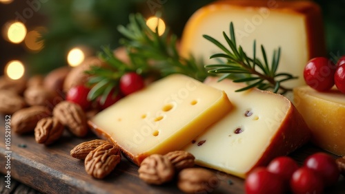 A rustic cheese board features an array of cheeses, adorned with cranberries, nuts, and rosemary sprigs, all set on a wooden platter.